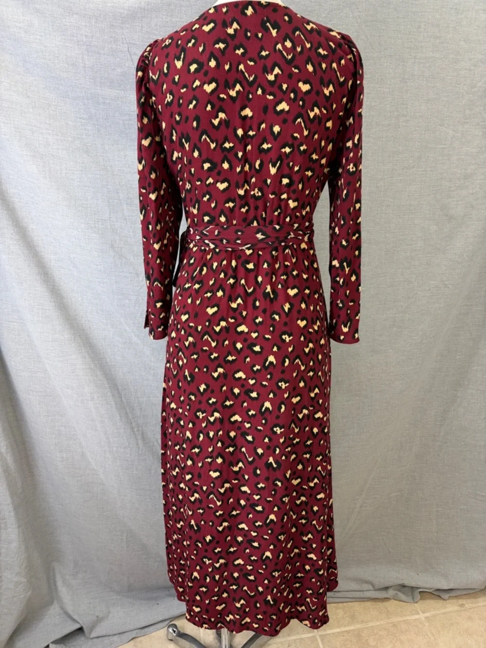 Cleobella Burgundy Leopard Print Wrap‎ Midi Dress 3/4 Sleeve Boho M
